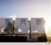 Upper floors are pushed folrward over the main entrance to create a sheltered parking court