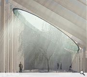 The cliff face has been reimagined as a sequence of geometric spaces