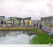 A series of chamfered cubic volumes create a varied roofscape to the visitor centre