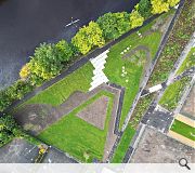 Terraced pathways draw pedestrians down to the riverbank