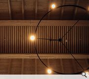 The impressive new Douglas Fir roof is fully revealed from the inside