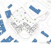 Twin apartment blocks will frame a pedestrian cut-through at the junction with Crosshill Street