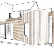 A combination of horizontal and vertical cladding faces the annexe