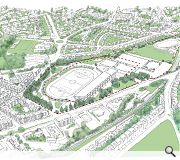 This concept massing diagram shows the belt of mature trees to be retained