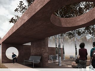 Geology-inspired hospital pavilion moves on-site