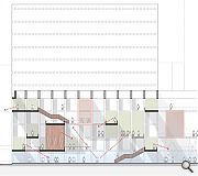 Ground and first floor levels of the podium are given over to public uses with upper levels hosting collaborative research space