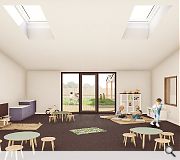 Two new play rooms are oriented toward an enclosed outdoor playground