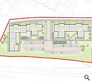 Two apartment blocks will frame a car park and landscaped grounds