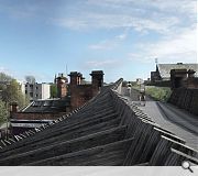 Bridge elements are spaced to allow natural air flow and views through to the street