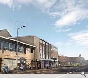 A low brick wall will run the length of the block with embedded seating where it meets the building and storey height advertising screens on the corner.