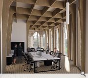 An interior timber lattice structure is inspired by the existing church roof