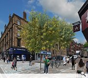 Tree planting and high quality paving in evidence at the junction with Great George Street