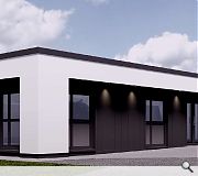 The simple build is to be finished in white render and vertical dark grey cladding panels