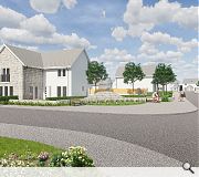 Stone walls and soft landscaping frame the site entrance