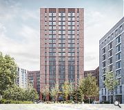 Mid-rise apartments flank the tallest tower managing its scale