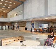 A double-height reception area provides co-working spaces, break out areas, meeting rooms and casual seating