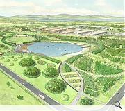 Extensive landscaping will transform a central portion of the site into a large park