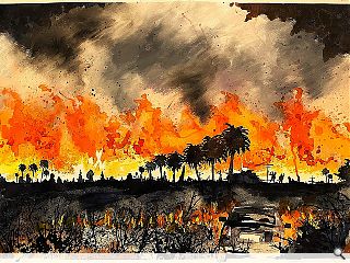 Fiery watercolours document apocalyptic scenes from Hollywood to the Highlands