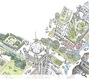 Future town illustration by Richard Carman showing how green and sociable meeting places can be woven into existing built environments