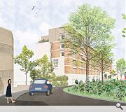 Facades intersect at the south gable across stacked juliette balcony windows