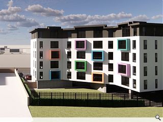 Projecting balconies bring colour to an Aberdeen apartment block