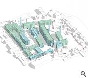 New build elements (turquoise) marry with retained industrial buildings