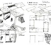 Early concept sketches for the kit house build on the idea of enclosure and architectural fragments